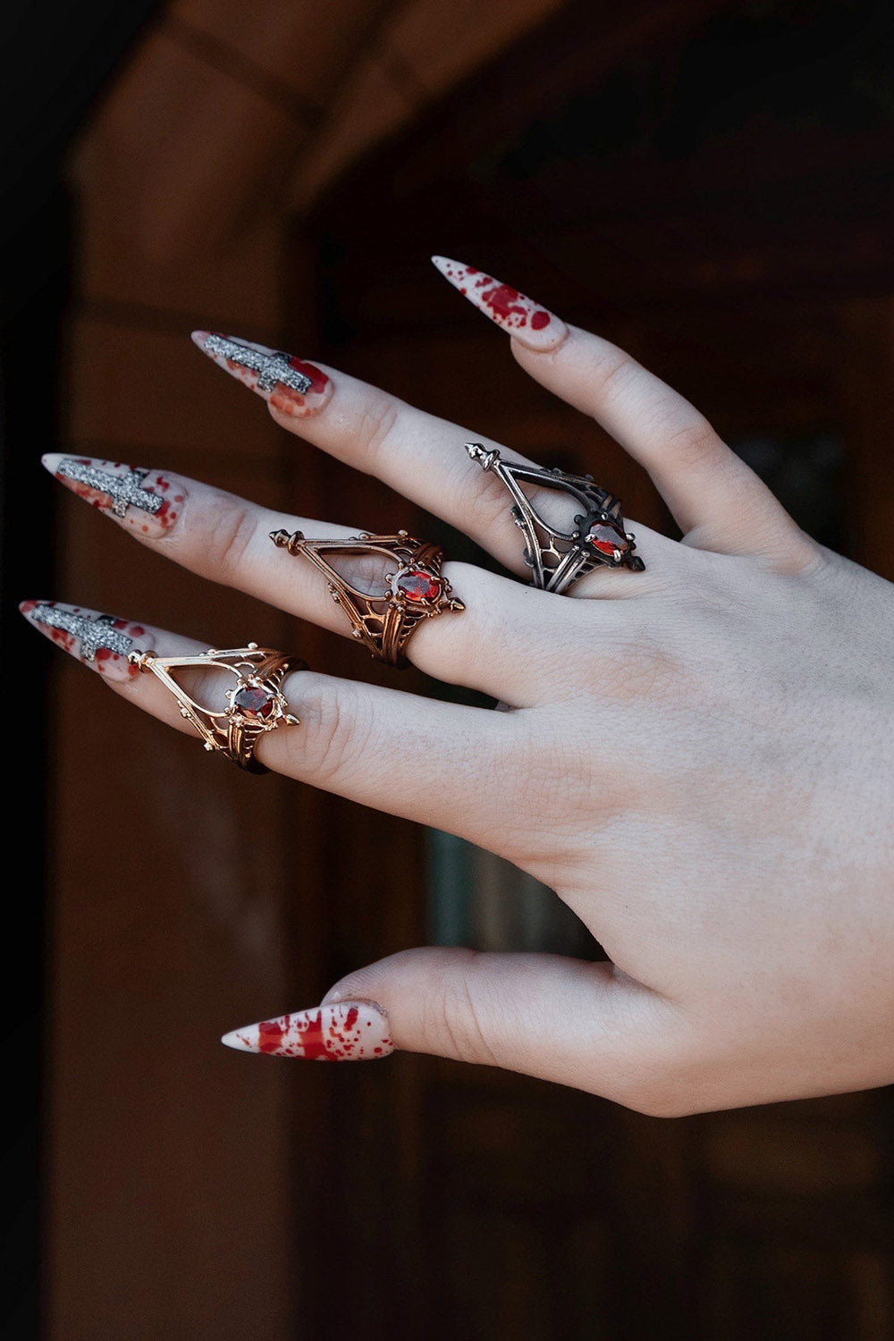 gothic red jewel silver ring