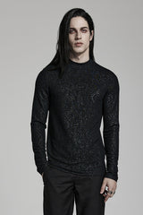 A person wearing a high-collared, slim fit black top with baroque patterns. The top appears to be made of a stretchy knit fabric.