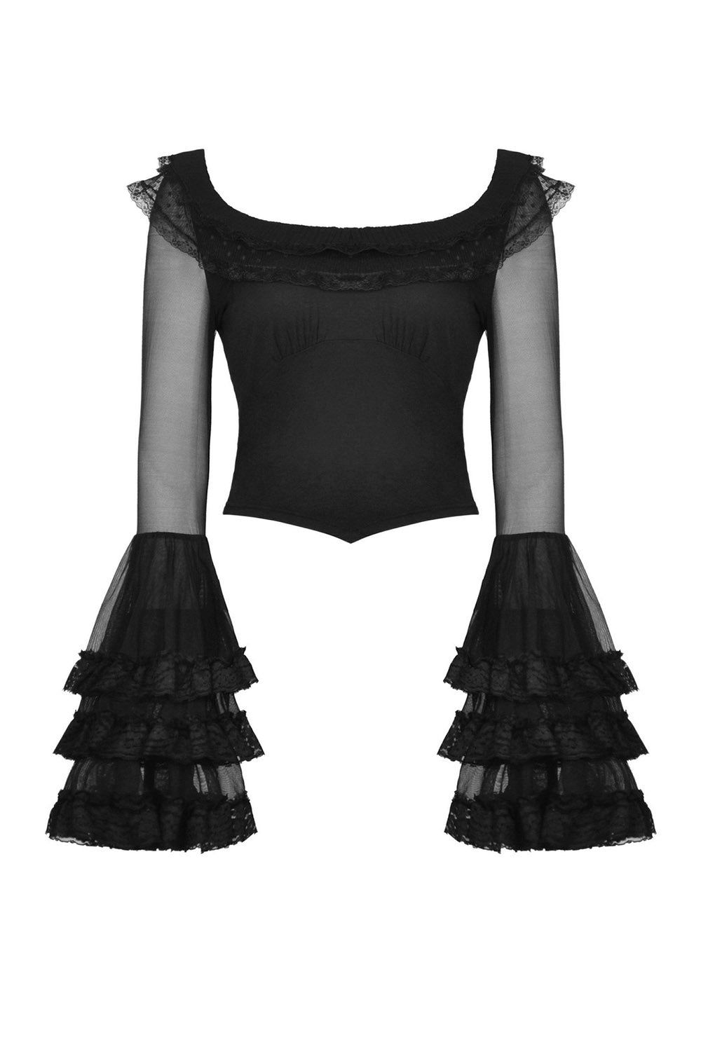 ruffled neckline long sleeve lace top