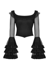 ruffled neckline long sleeve lace top