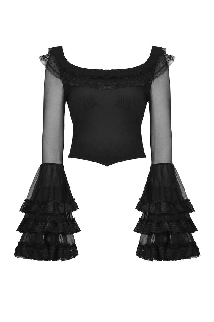 ruffled neckline long sleeve lace top