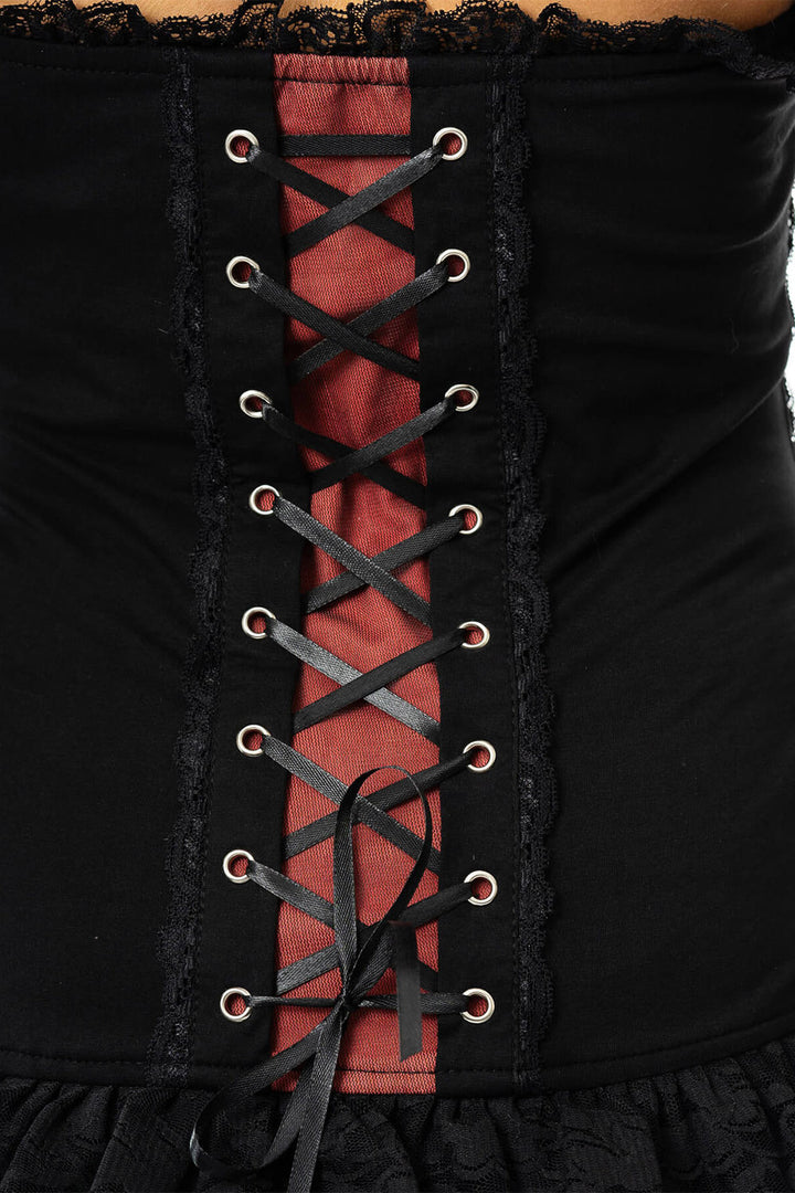 womens lace-up vampire red and black vintage goth halter neck top by poizen industries