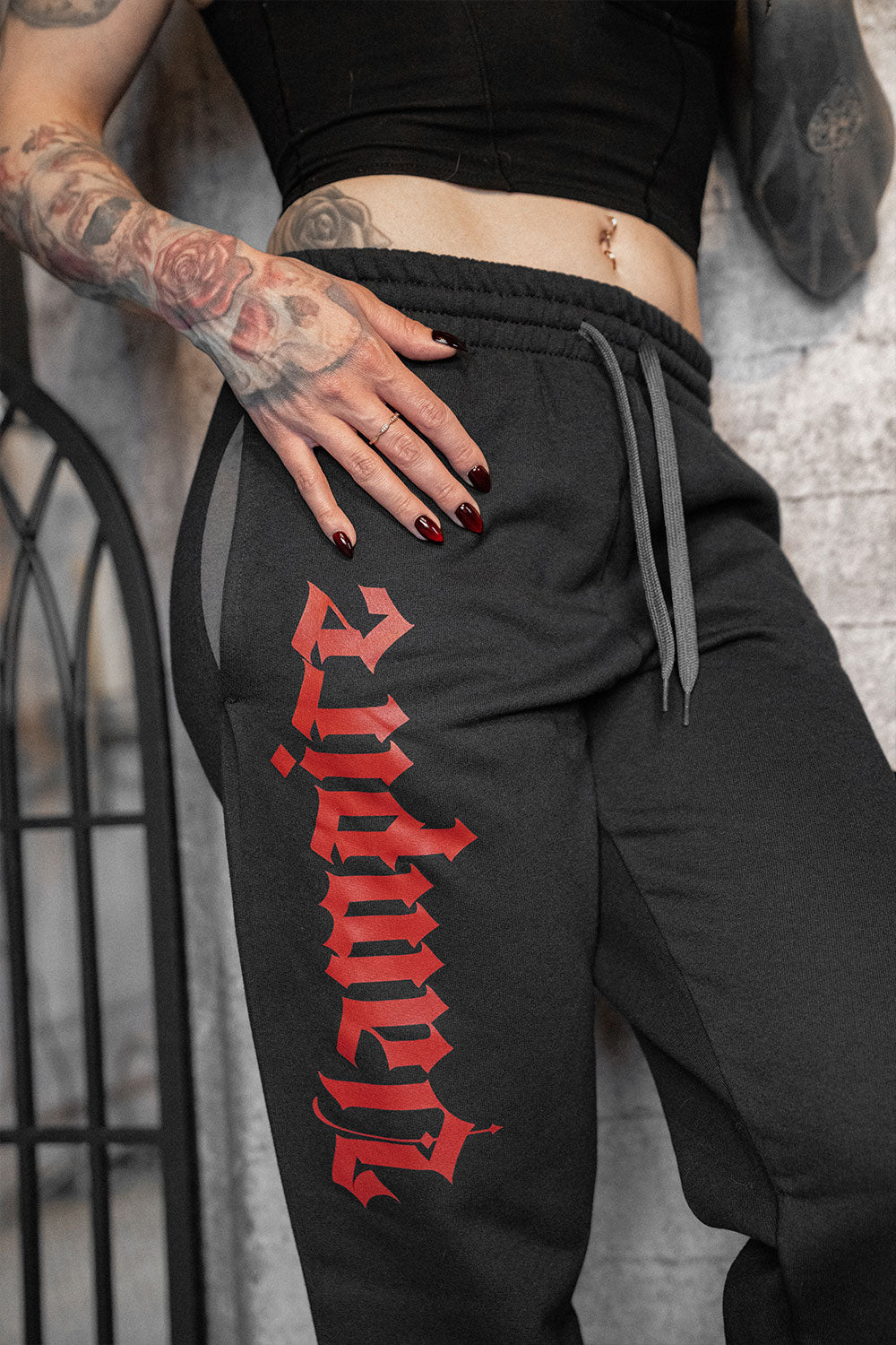 street style joggers printed with the word VAMPIRE