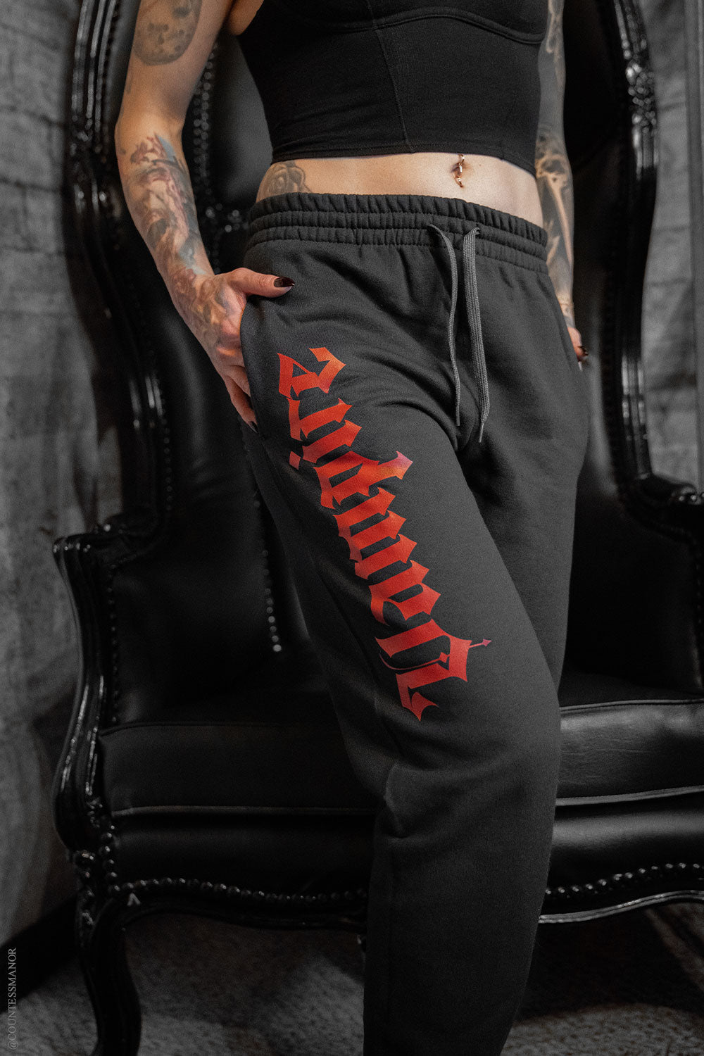 womens street style joggers printed with the word VAMPIRE with elastic aistband 