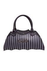 black and grey striped bag