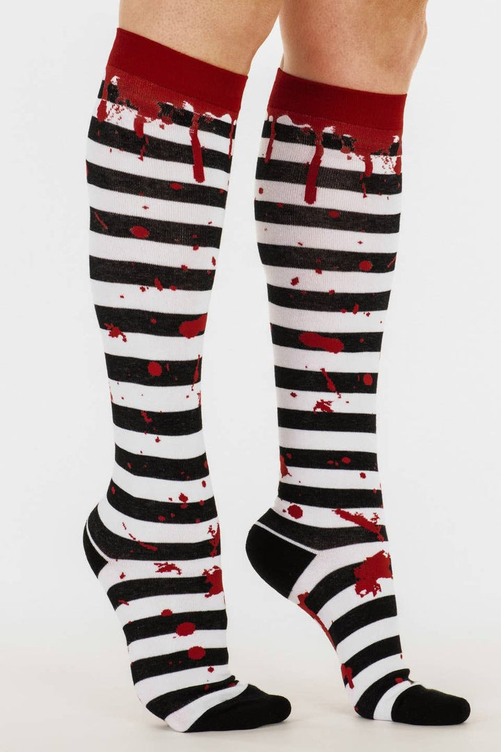black and white striped blood drip socks