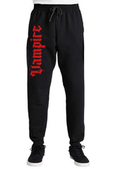 Black sweatpants with red Vampire text on a white background