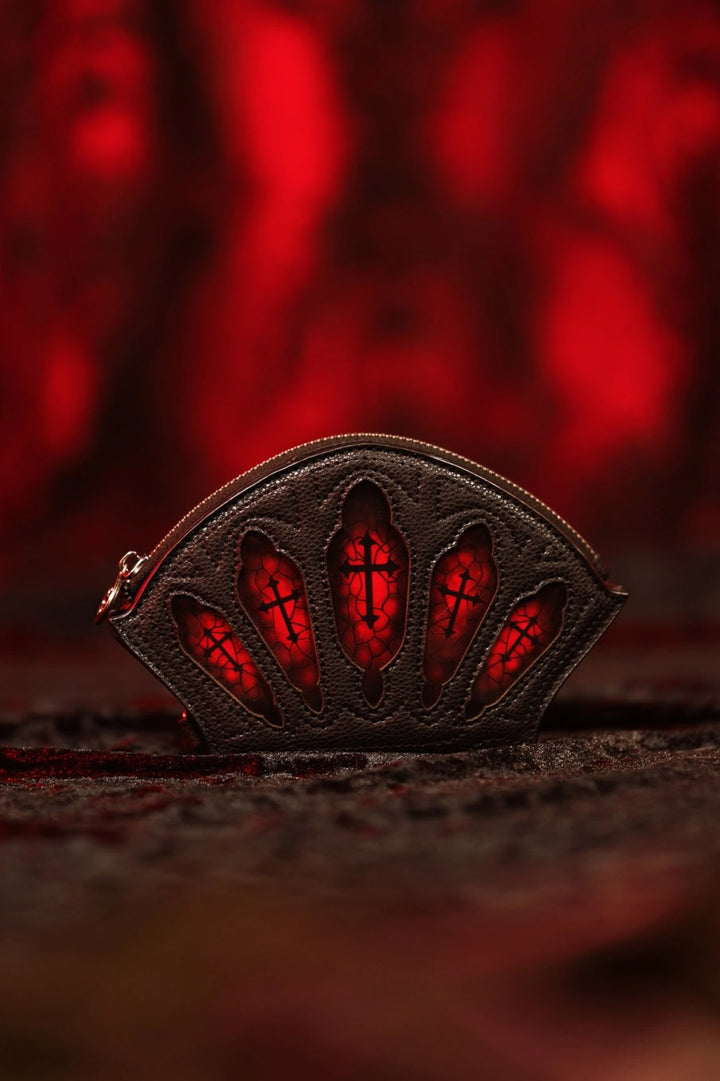 black vegan leather gothic cathedral wallet with gothic crosses 