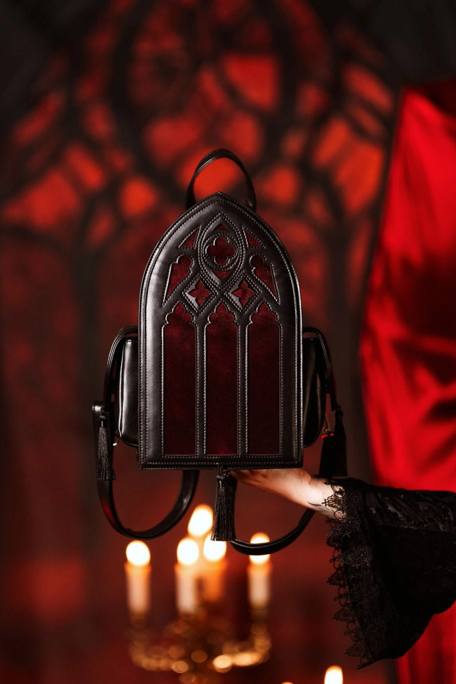 dark red velvet and vegan leather gothic backpack 