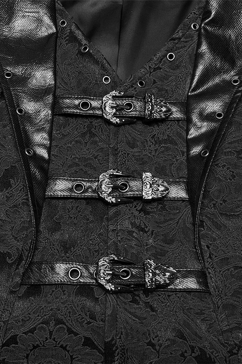 black steampunk vegan leather damask deep v-neckline vest waistcoat