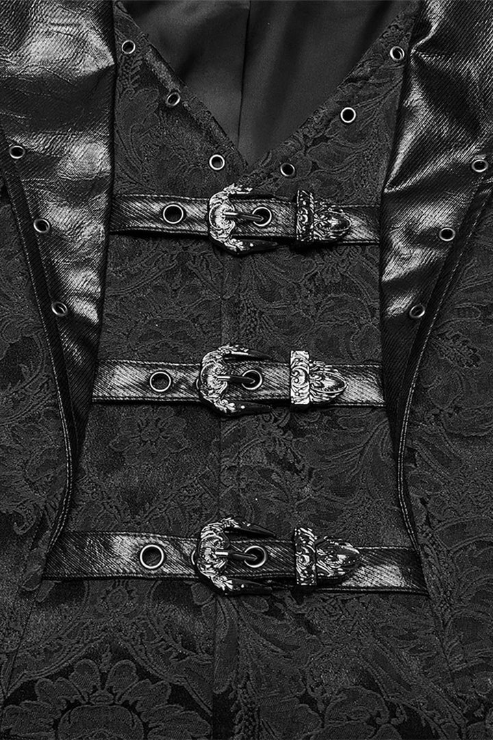 black steampunk vegan leather damask deep v-neckline vest waistcoat