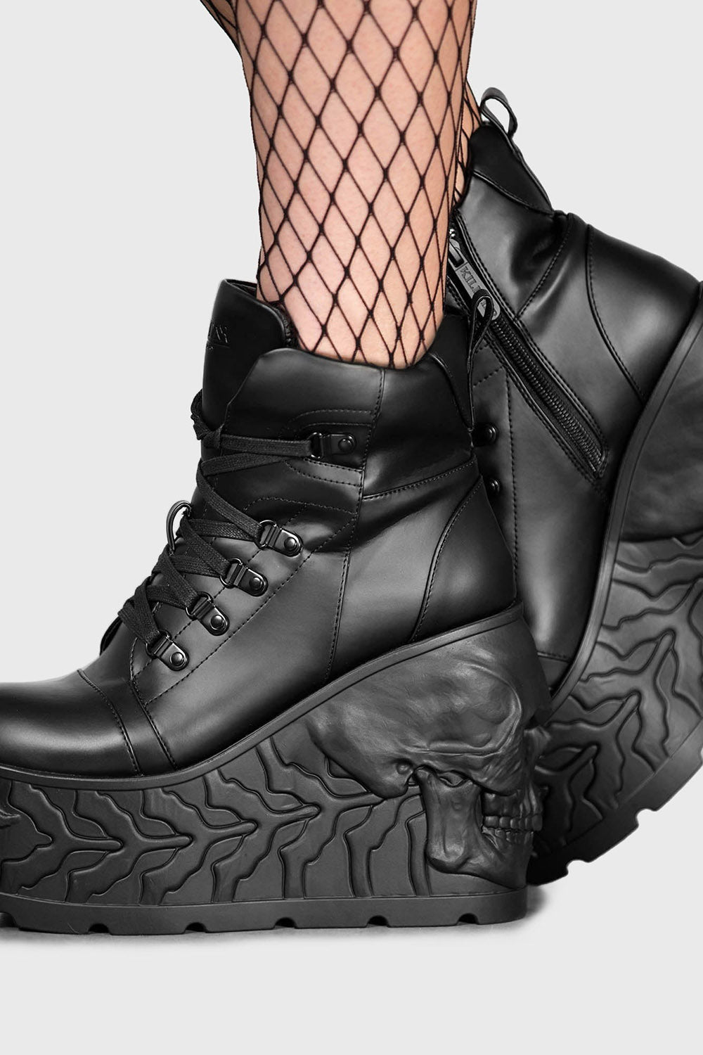 vegan leather womens black punk horror lace-up high platform shoes with skull heels