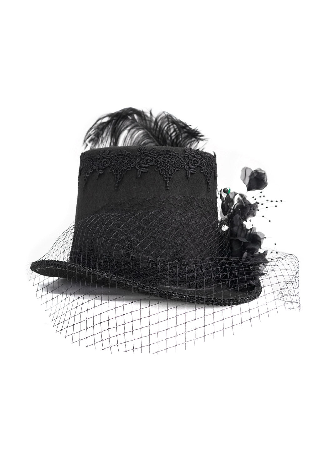 black gothic feathered top hat with attached veil 