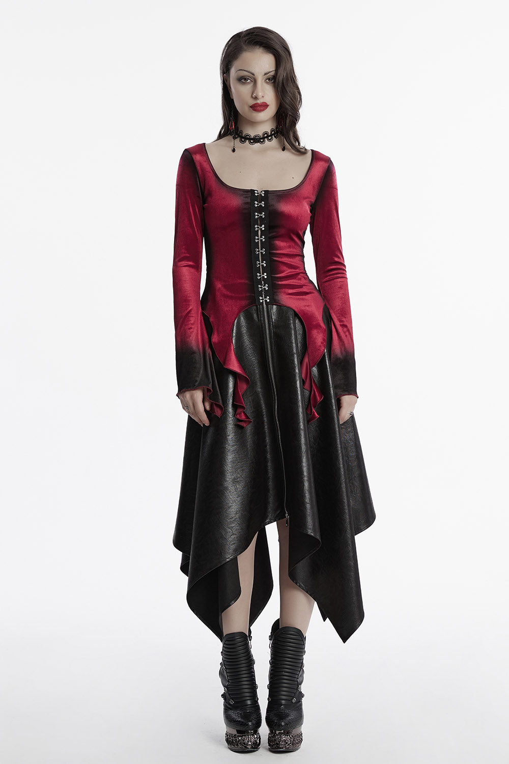 womens dark red and black velvet witchy hem top 