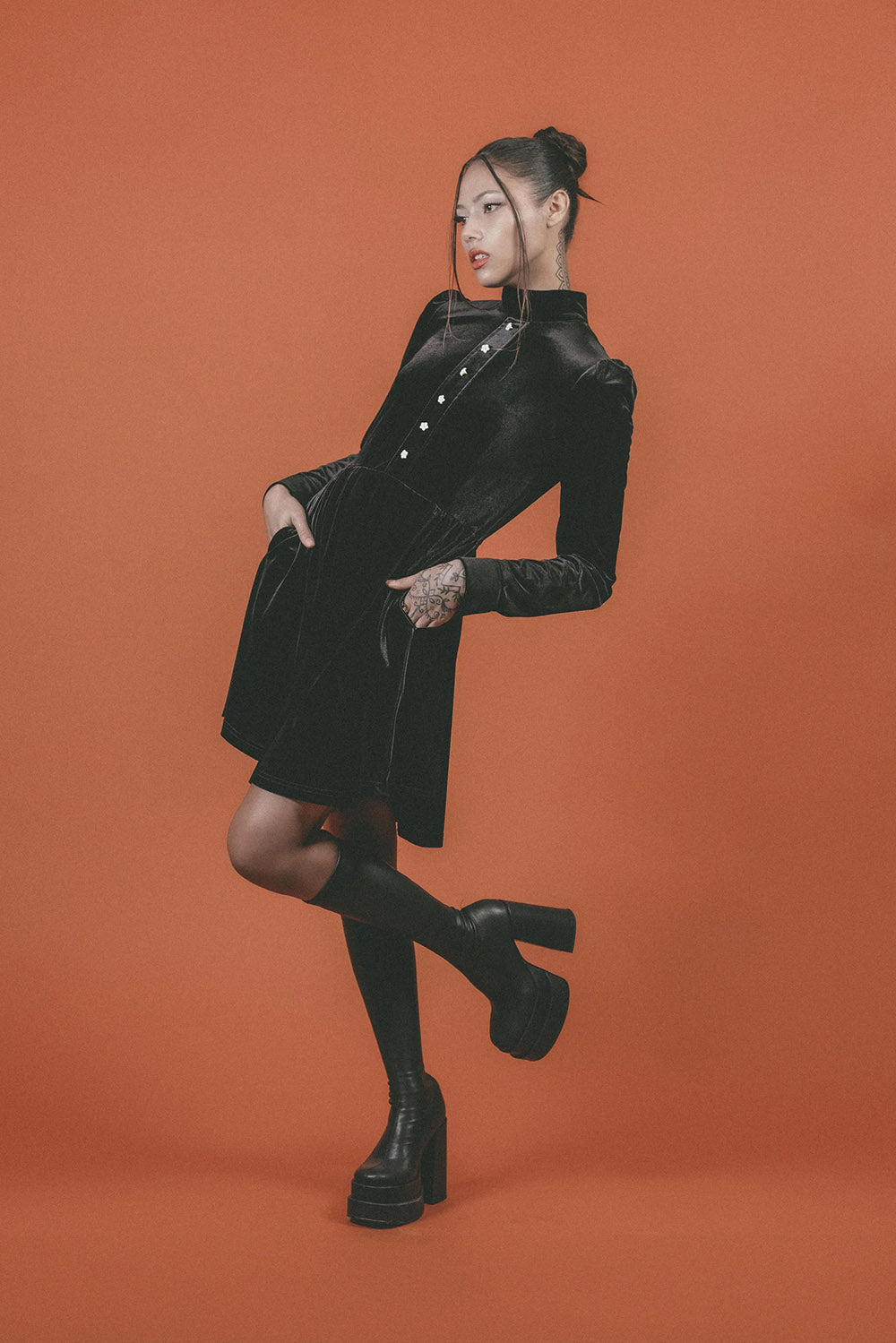 high collared black velvet dress