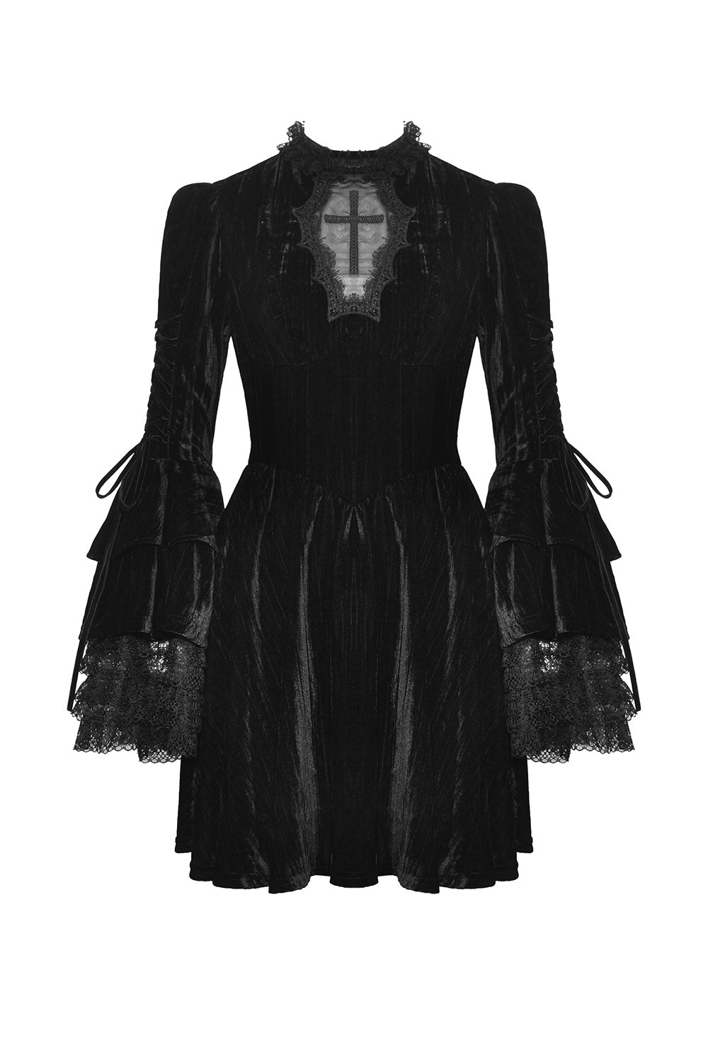 black velvet mini dress with embroidered gothic cross