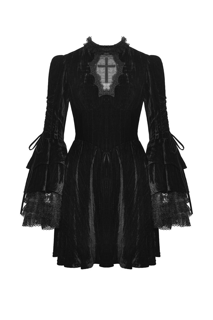 black velvet mini dress with embroidered gothic cross