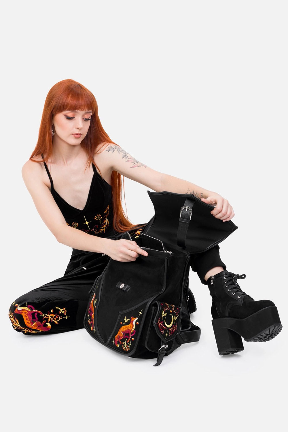 dark fantasy embroidered dark cottagecore backpack with pockets and main compartment 