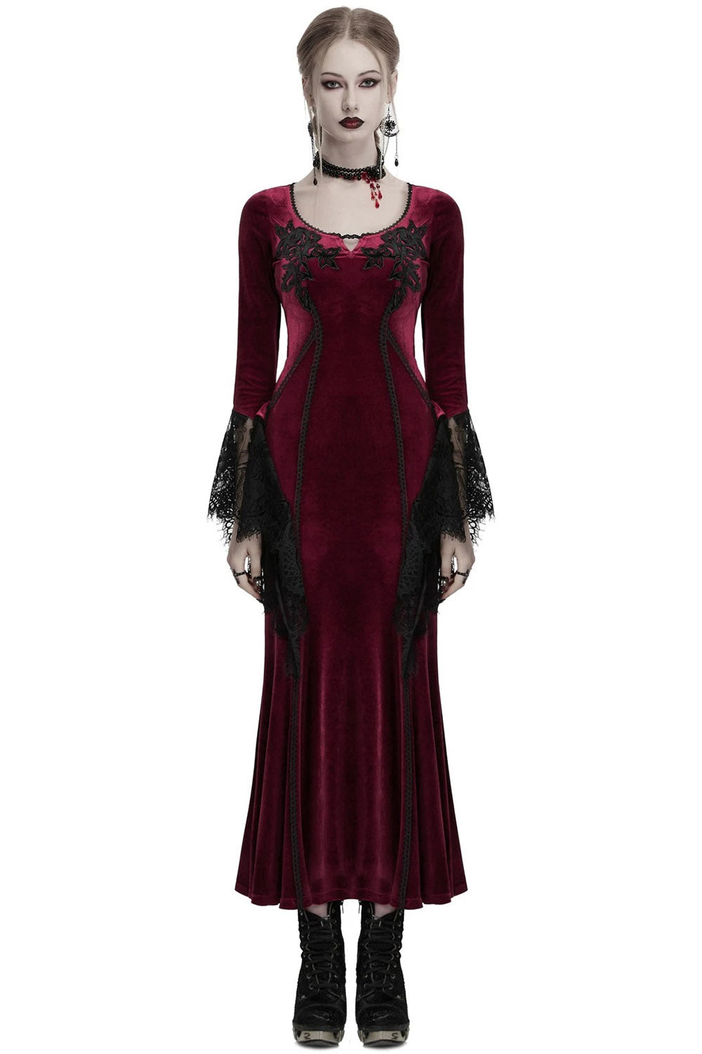 embroidered floral applique red velvet long maxi dress