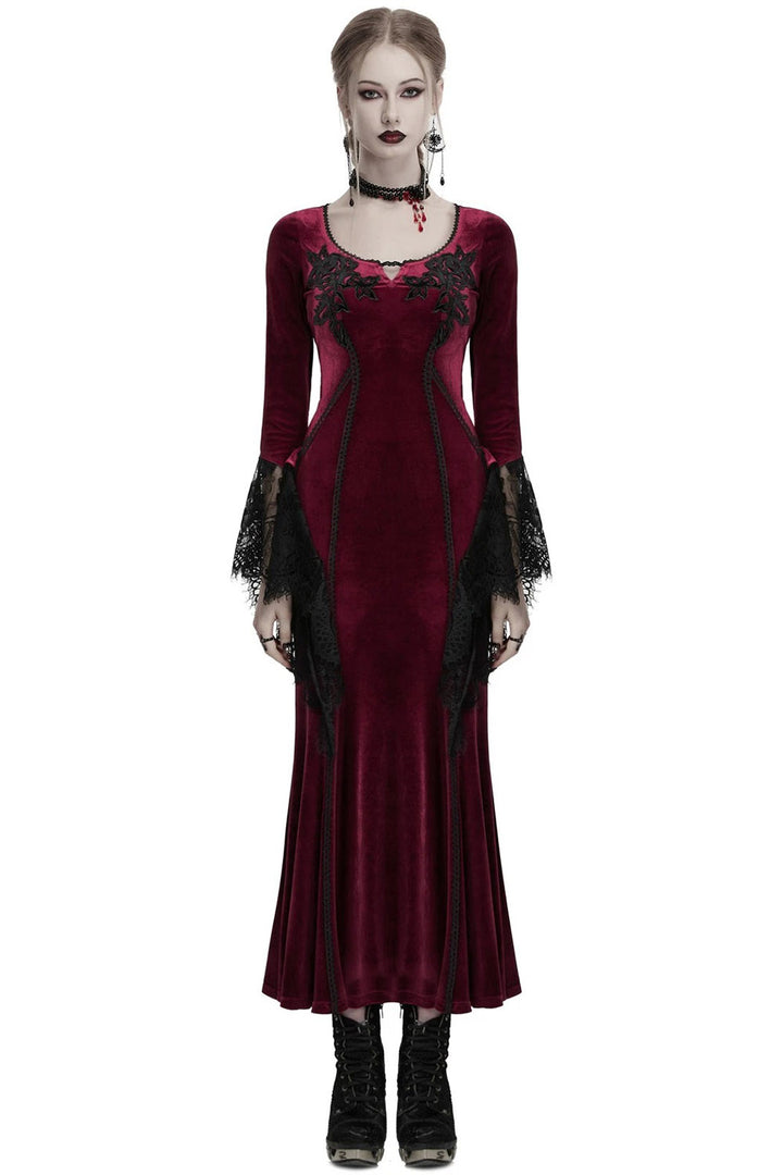embroidered floral applique red velvet long maxi dress