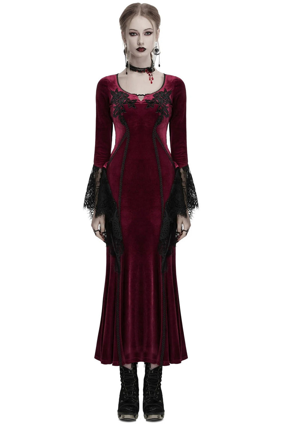 embroidered floral applique red velvet long maxi dress