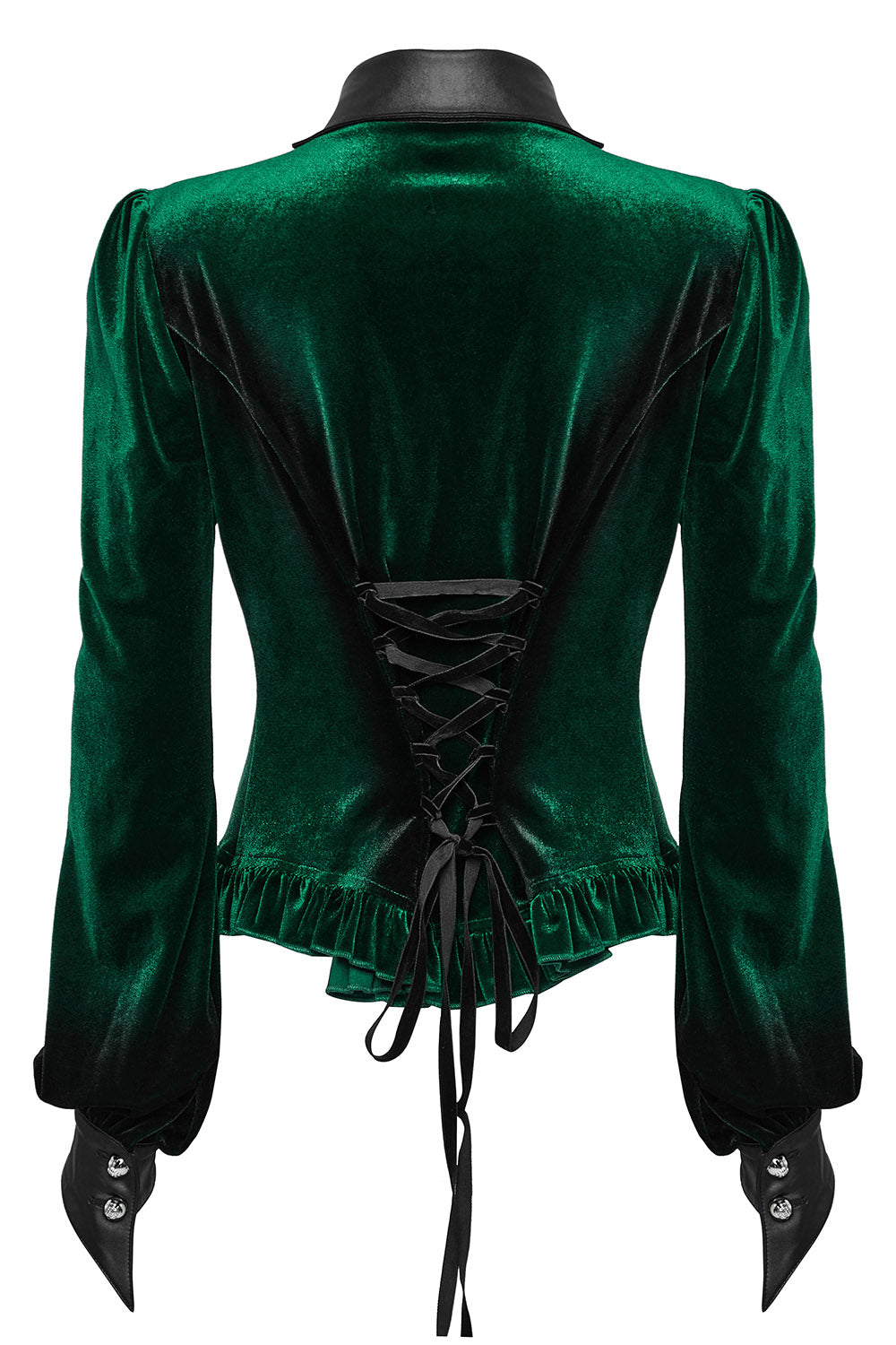 womens button-up green velvet gothic shirt with batwing shaped collar
