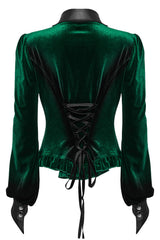 womens button-up green velvet gothic shirt with batwing shaped collar