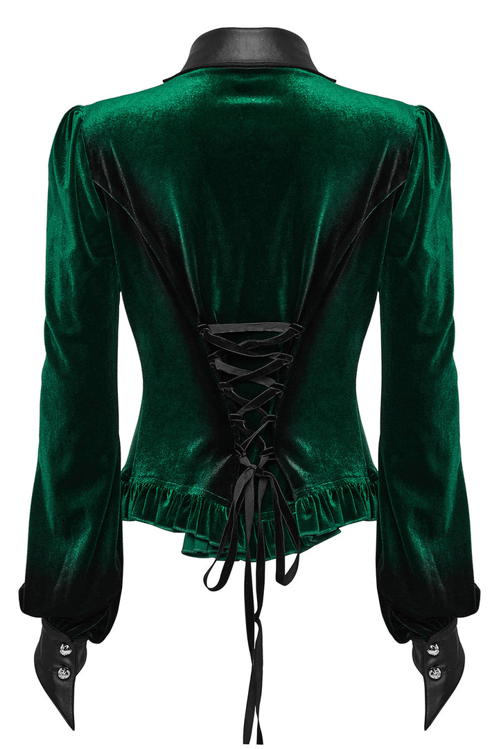 womens button-up green velvet gothic shirt with batwing shaped collar