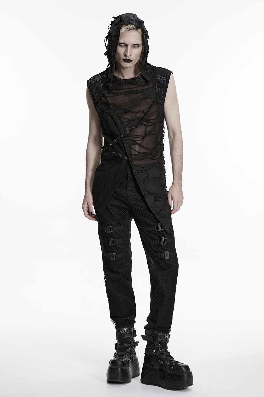 mens shredded vest with hood and eyelet detail from Punk Rave