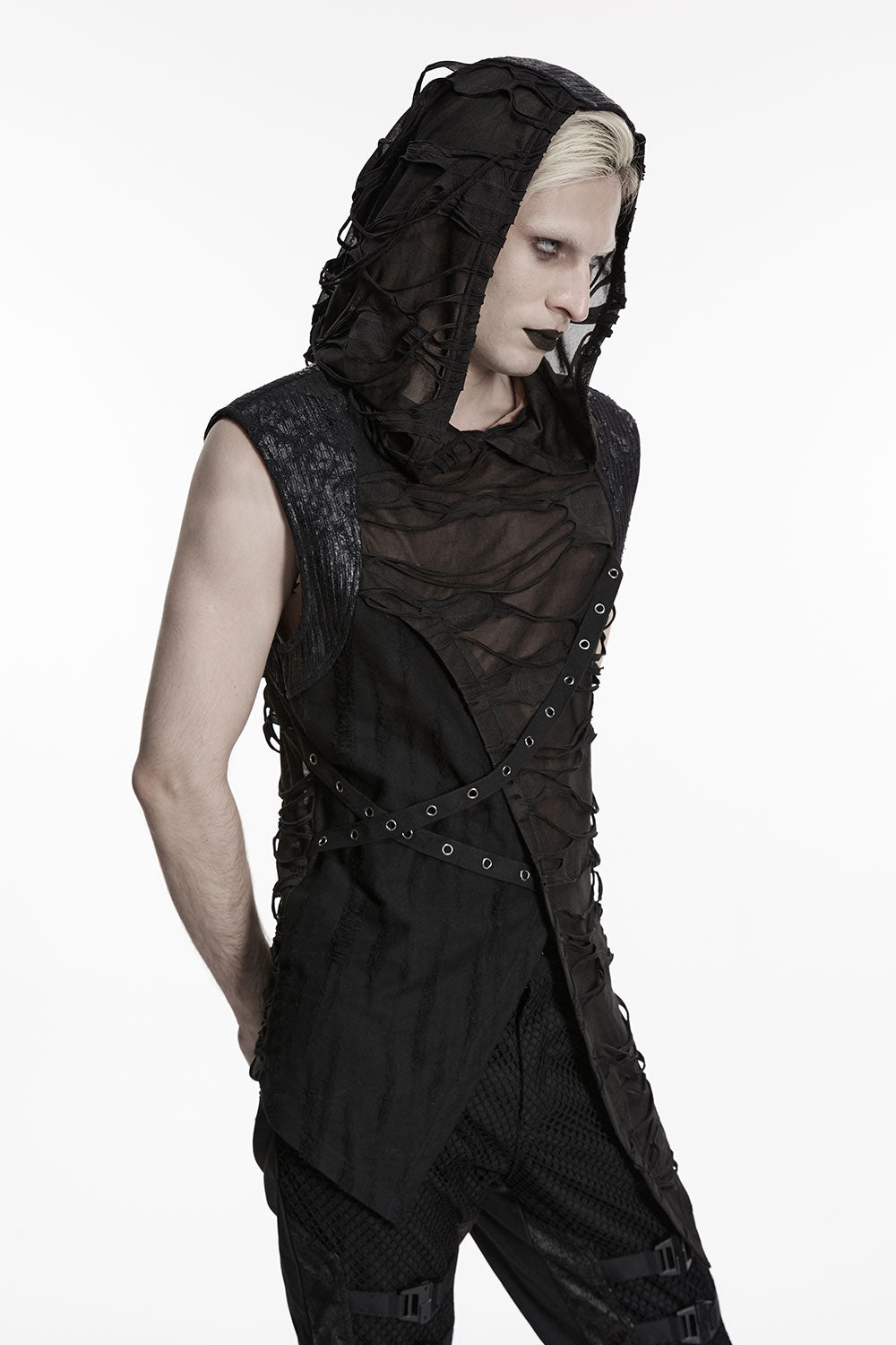 Shredded Mesh Hooded Gothic Punk Vests with Lace Up Detailing from Punk Rave