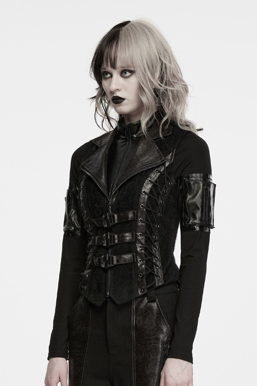 goth punk womens vest with buckle front and corset lace up back