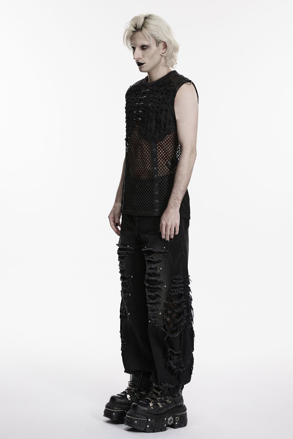 punk rave mens gothic tank top with  mesh cutout detailing and lace-up elements for adjustable styling and fit