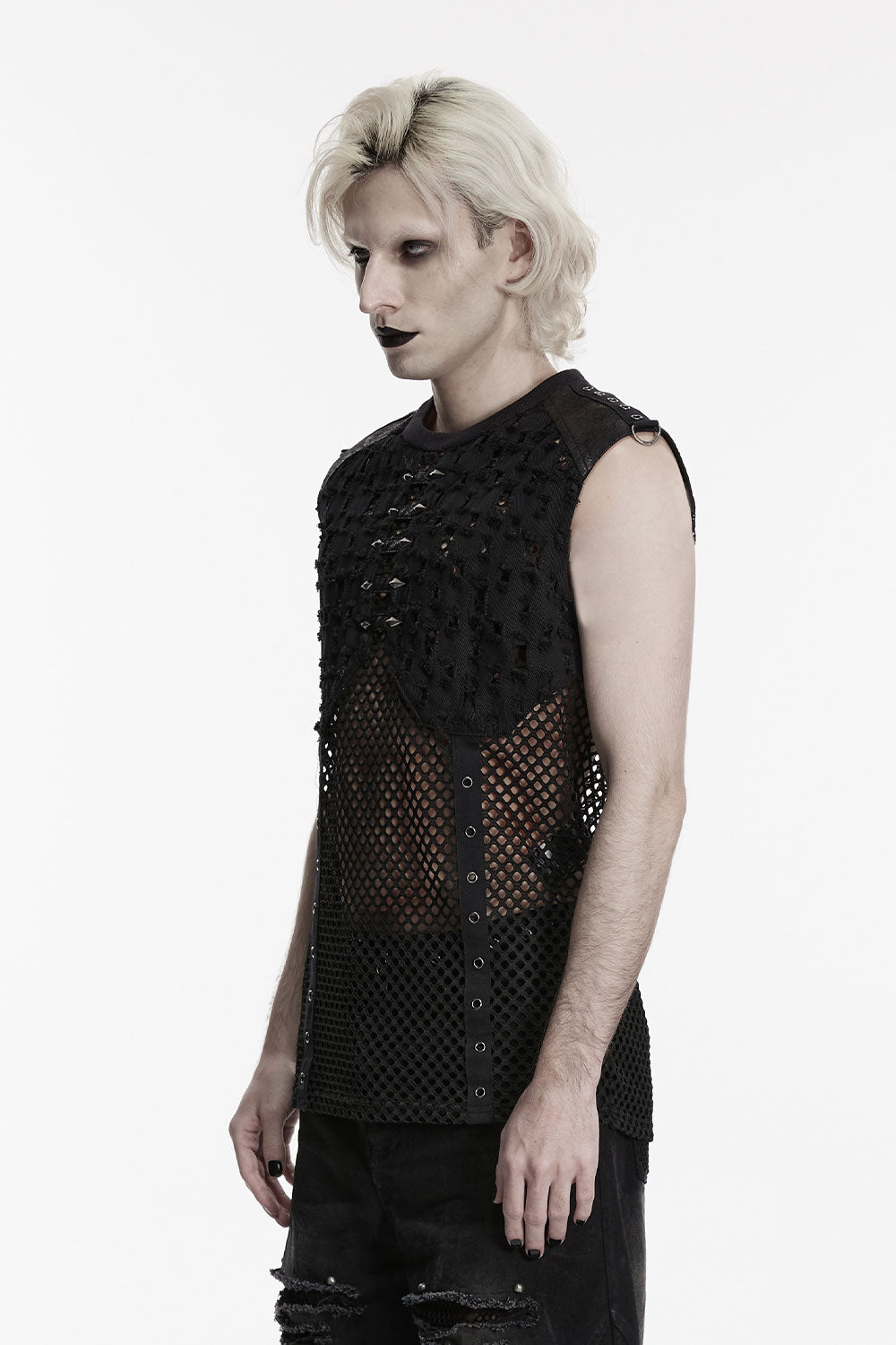 black mesh tank top for men with punk rock, industrial punk and dark industrial aesthetic