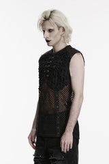 black mesh tank top for men with punk rock, industrial punk and dark industrial aesthetic