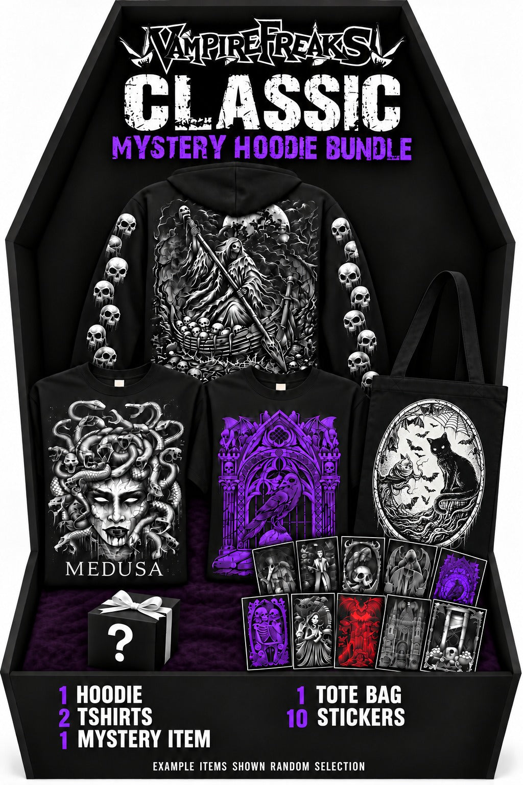Classic Mystery Hoodie Bundle: 1 hoodie, 2 t-shirts, 1 mystery item, 1 tote bag, 10 stickers
