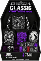Classic Mystery Hoodie Bundle: 1 hoodie, 2 t-shirts, 1 mystery item, 1 tote bag, 10 stickers