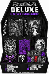 Deluxe Mystery Hoodie Bundle: 1 hoodie, 1 sweatshirt, 2 t-shirts, 1 plush keychain, 1 mystery item, 1 tote bag, 10 stickers