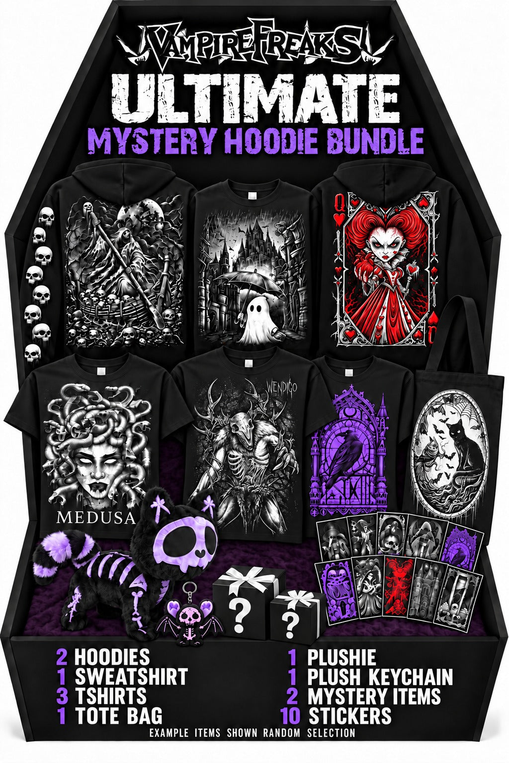 Ultimate Mystery Hoodie Bundle: 2 hoodies, 1 sweatshirt, 3 t-shirts, 1 plushie, 1 plush keychain, 2 mystery items, 1 tote bag, 10 stickers