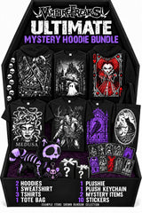 Ultimate Mystery Hoodie Bundle: 2 hoodies, 1 sweatshirt, 3 t-shirts, 1 plushie, 1 plush keychain, 2 mystery items, 1 tote bag, 10 stickers