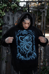 Dead Mans Chest graphic hoodie by VampireFreaks featuring a blue tentacled sea creature for punk goth emo and alternative outfits