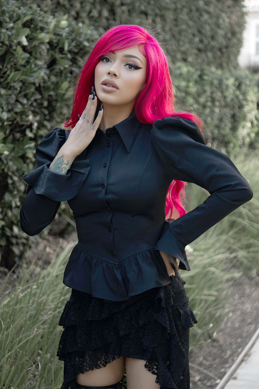 button-up puff shoulder peplum victorian blouse