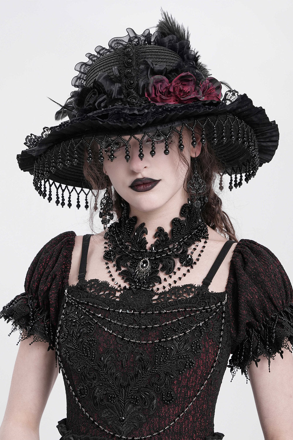 black embroidered collar necklace with gems and beads