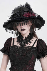 black embroidered collar necklace with gems and beads