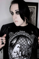 goth guy wearing a Victorian cameo frame ghost and black cat shirt