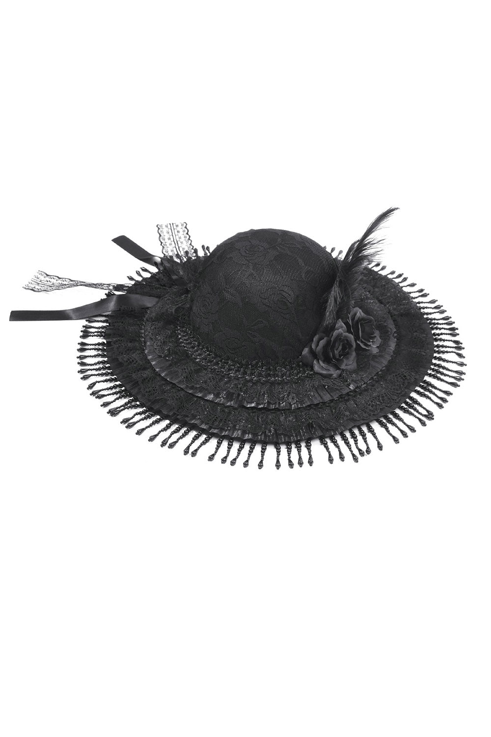 beaded black victorian hat with a feather and bows