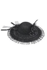 beaded black victorian hat with a feather and bows