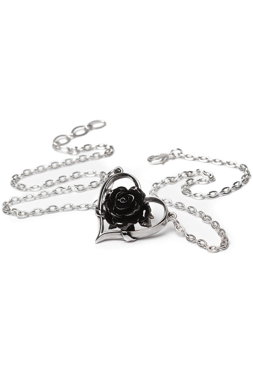 silver pewter romantic black heart-shaped rose necklace