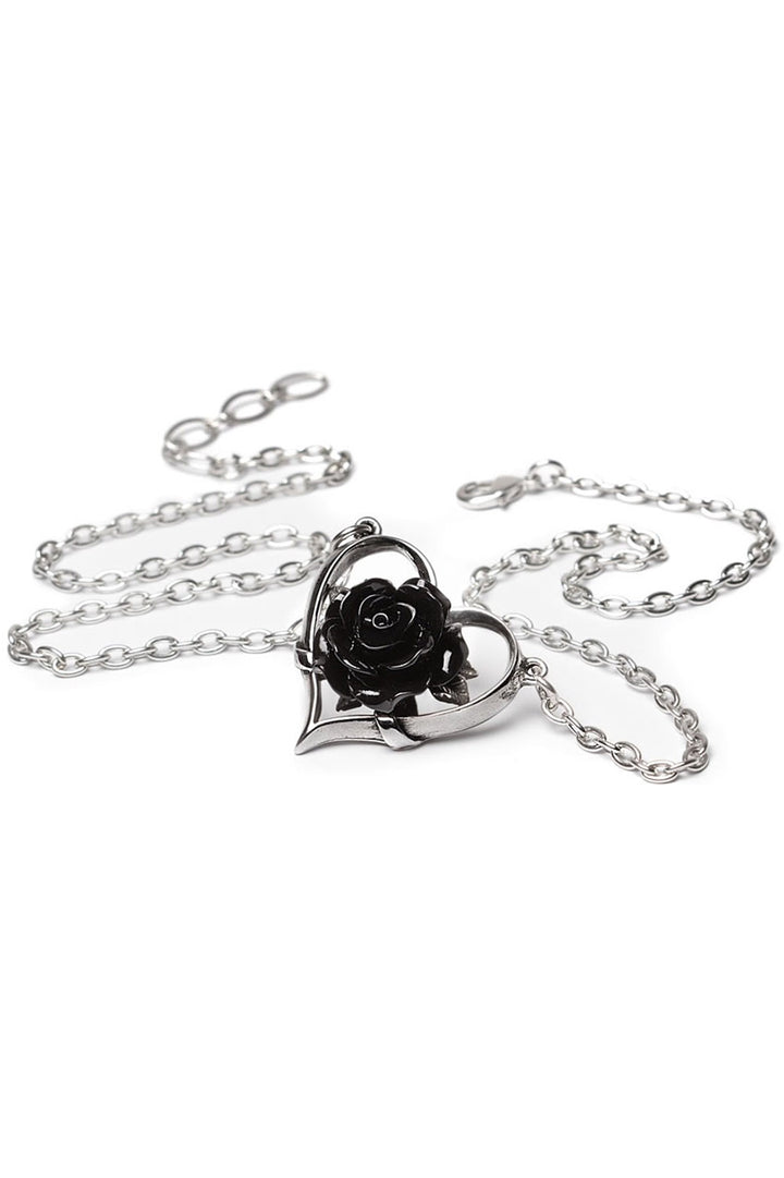 silver pewter romantic black heart-shaped rose necklace