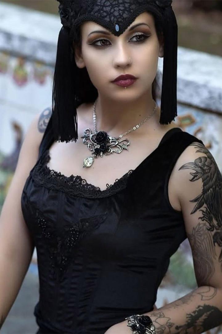 romantic gothic rose necklace with crystal stone