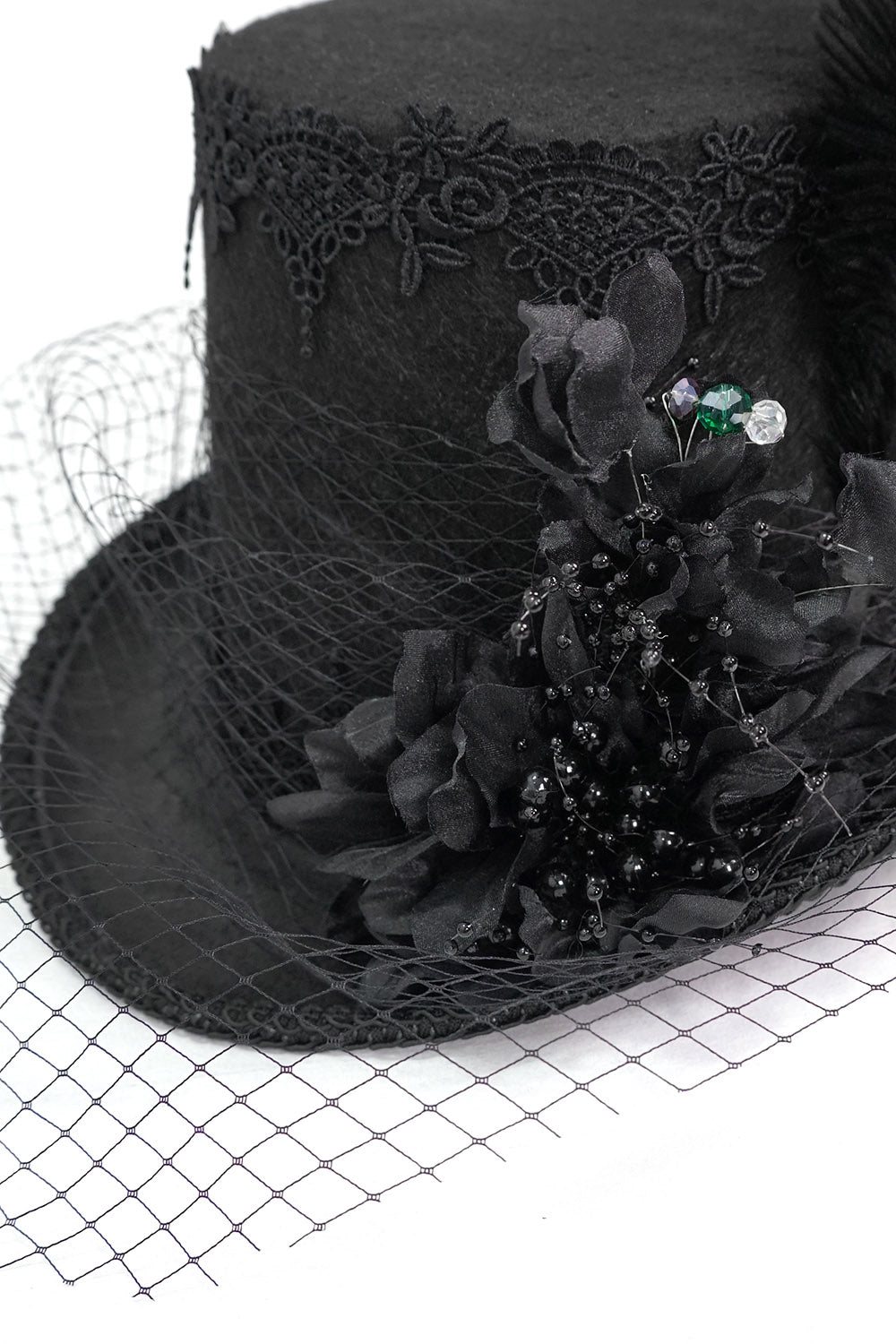 tall black floral gothic beaded feathered top hat